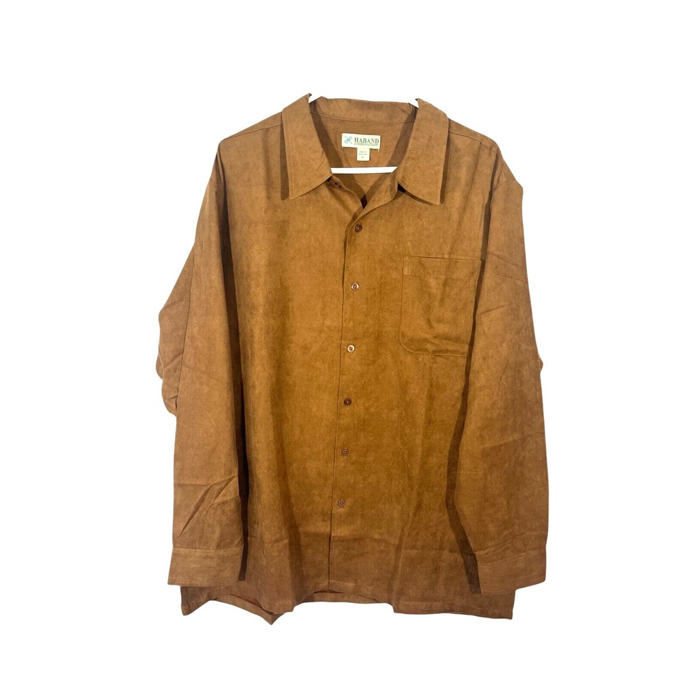 Haband Men's Long Sleeve Button Up Shirt Faux Suede Brown XL